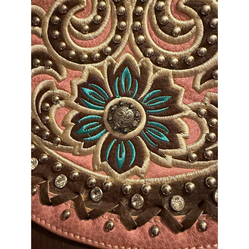 Montana West Pink Brown Western Crossbody Bag with Turquoise Accent - Picture 16 of 16